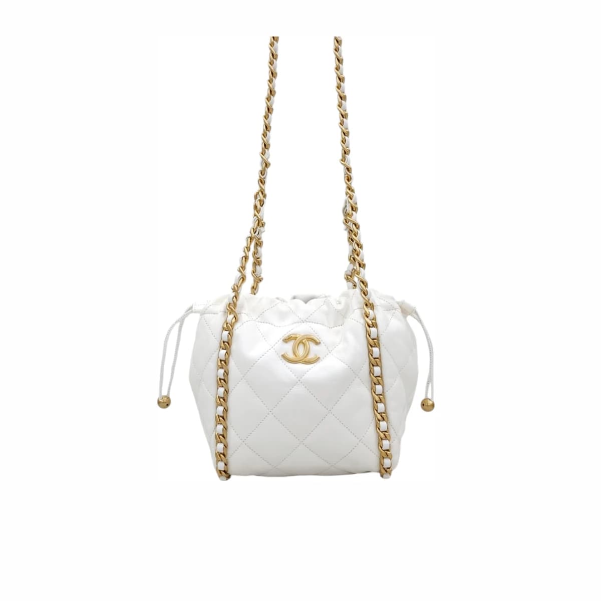 CHANEL 샤넬 드로우 스트링 버킷 체인 숄더백 내장칩 화이트 가죽