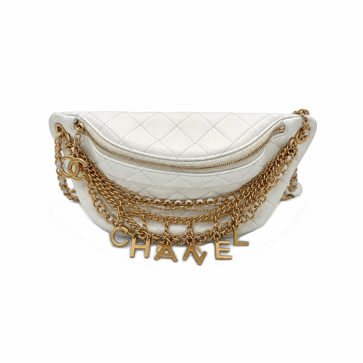 CHANEL 샤넬 화이트 레더 체인 웨이스트 벨트백 가죽