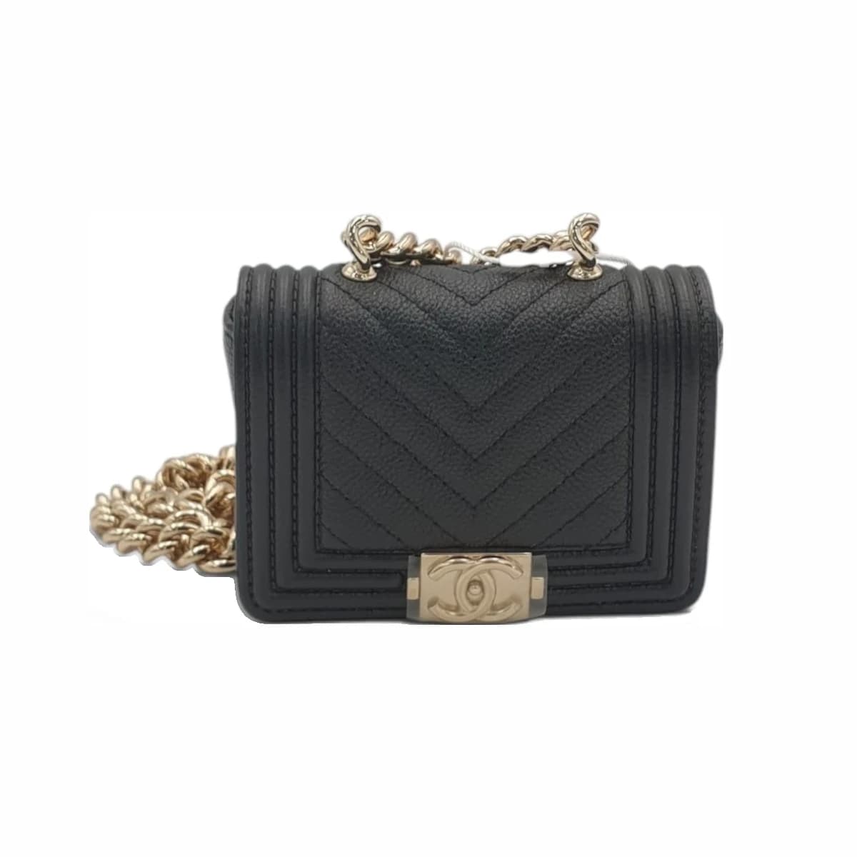 CHANEL 샤넬 블랙 캐비어 쉐브론 금장 보이 미니 체인 크로스백 32번대 가죽