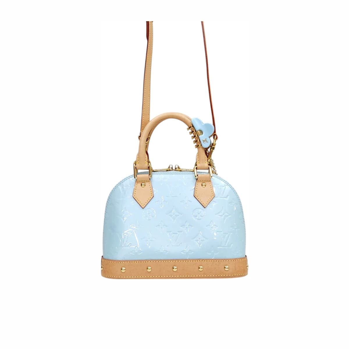 LOUIS VUITTON 루이비통 LV 리믹스 모노그램 베르니 알마 BB 토트 숄더백 스카이 블루