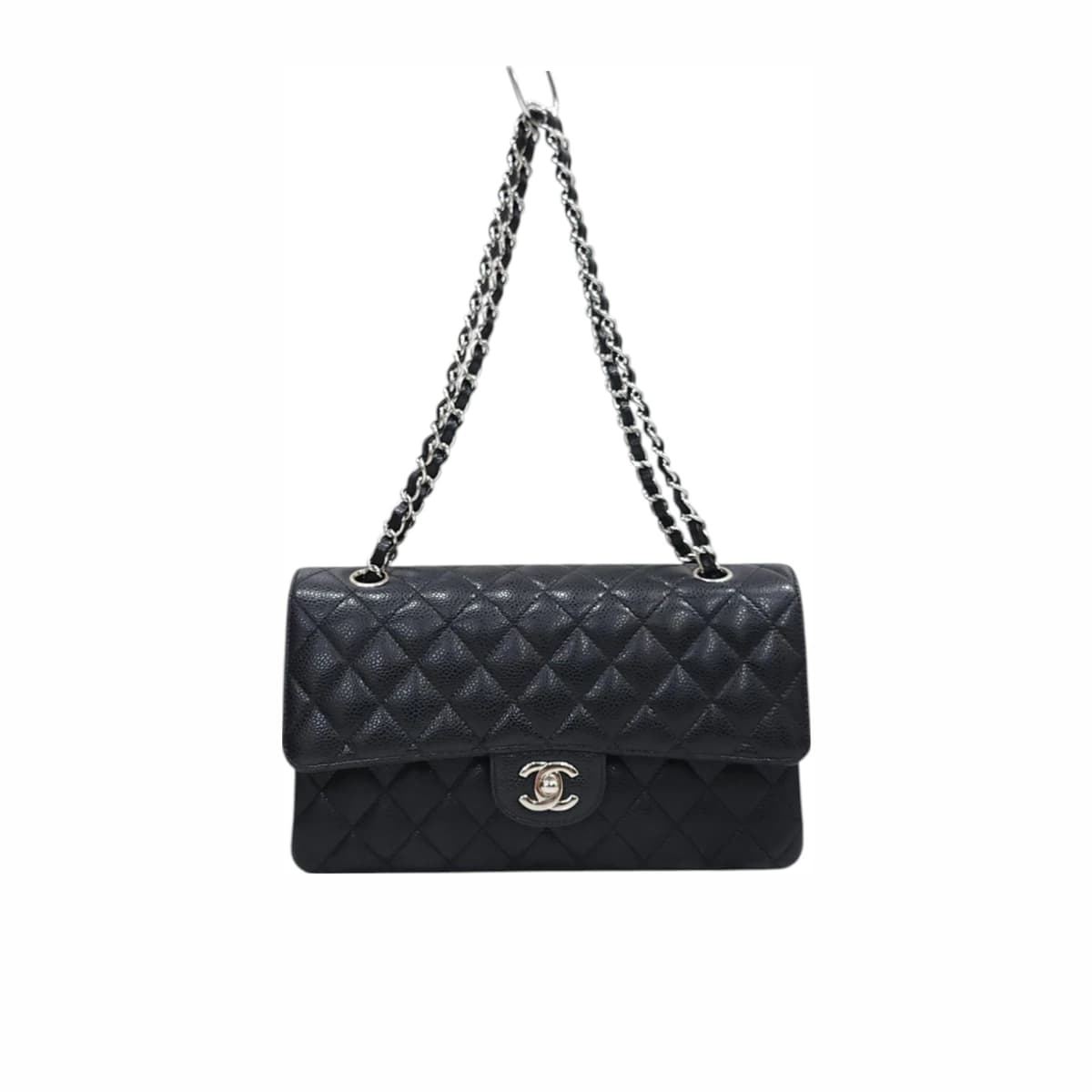 CHANEL 샤넬 클래식 미듐 체인 플랩백 캐비어 블랙 은장 내장칩