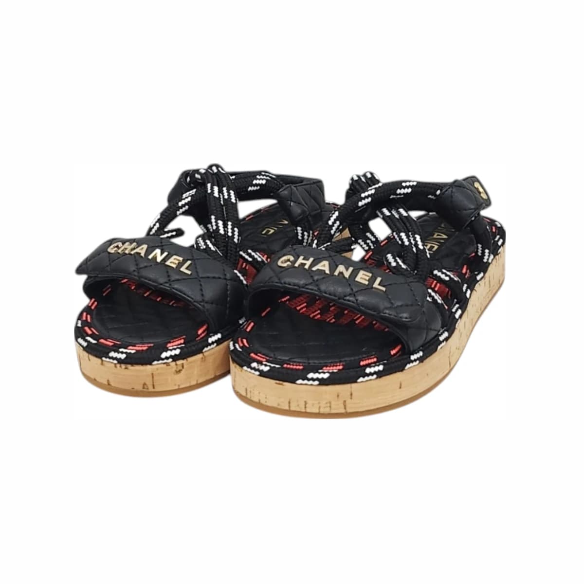 CHANEL 샤넬 램스킨 로프 벨크로 스트랩 샌들 블랙 멀티 36