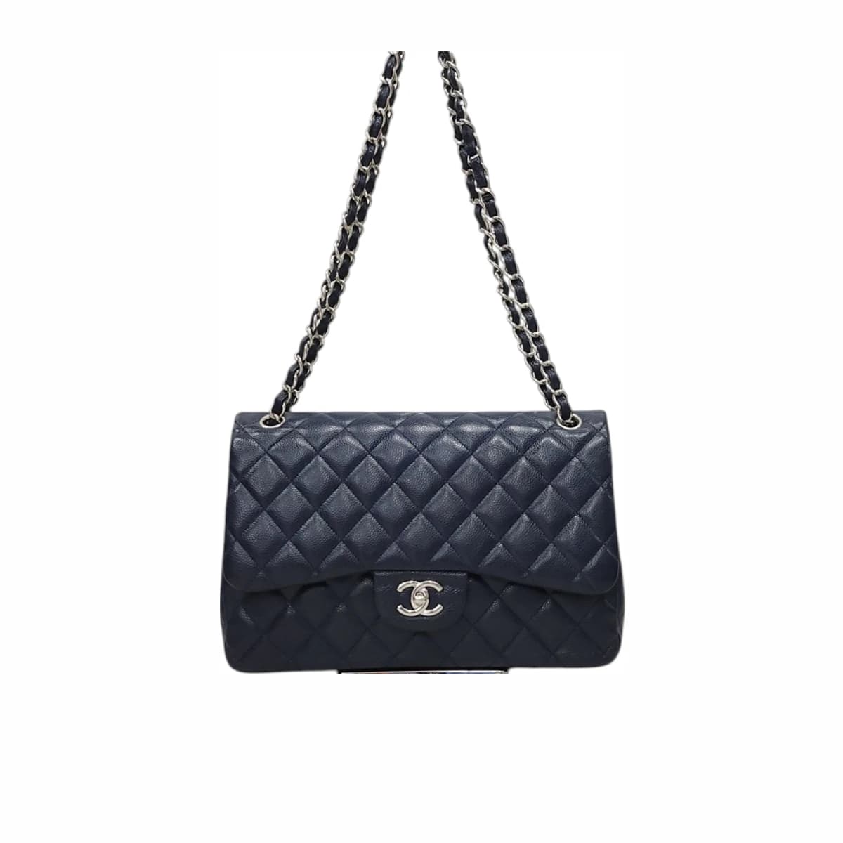CHANEL 샤넬 클래식 라지 캐비어 플랩백 네이비 은장 700