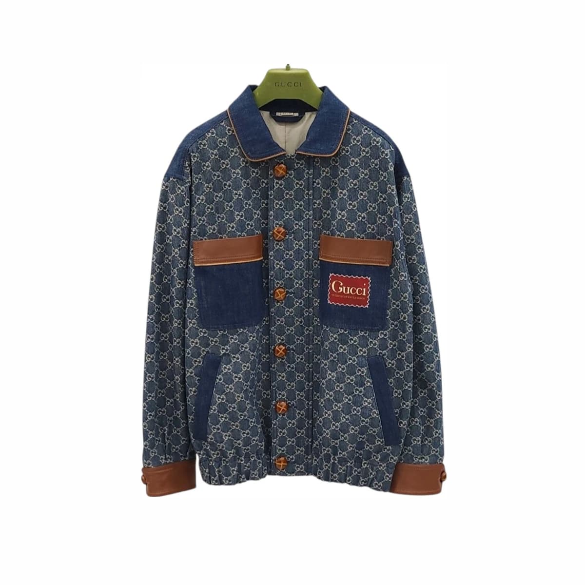 GUCCI 구찌 워시드 오가닉 데님 브라운 레더 트리밍 자켓 44