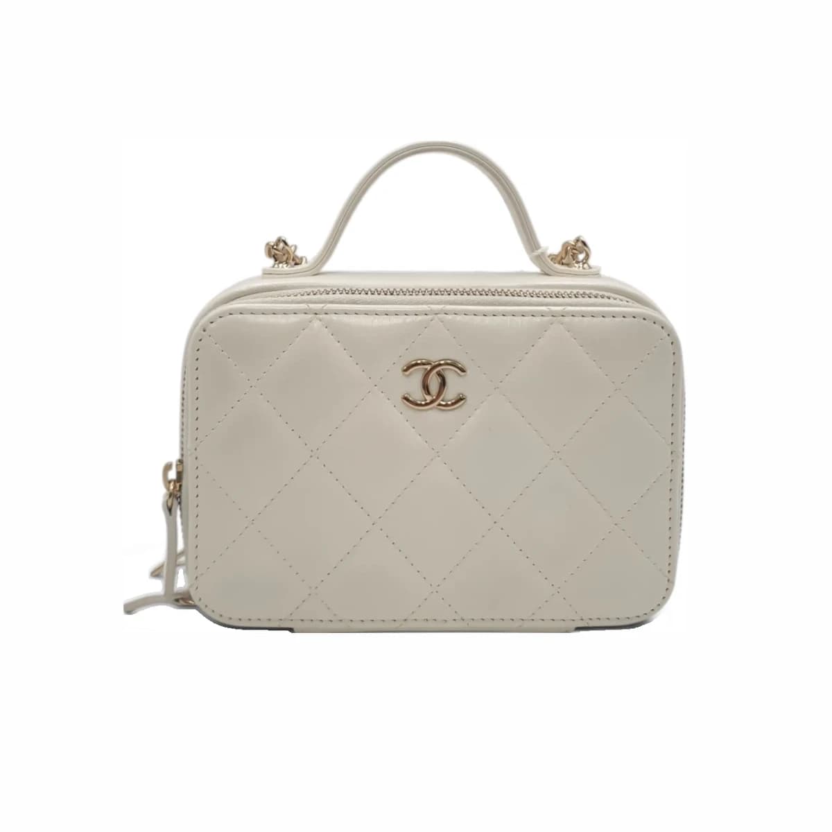 CHANEL 샤넬 화이트 레더 베니티 코스메틱 탑핸들백 내장칩