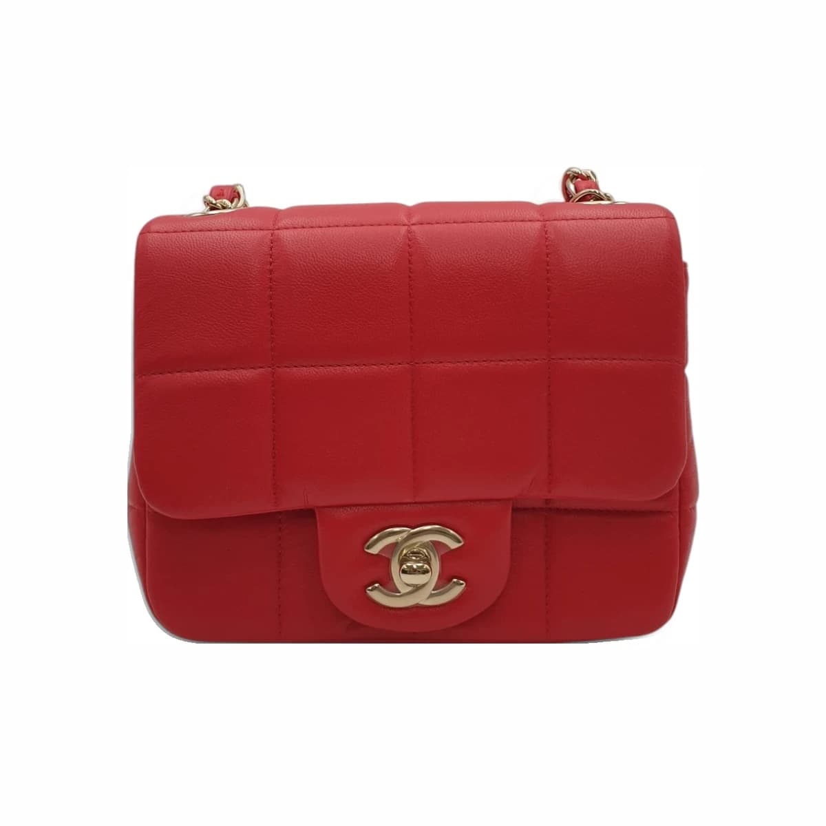 CHANEL 샤넬 레드 CC로고 코코 큐브 스퀘어 플랩 체인백 미니 가죽