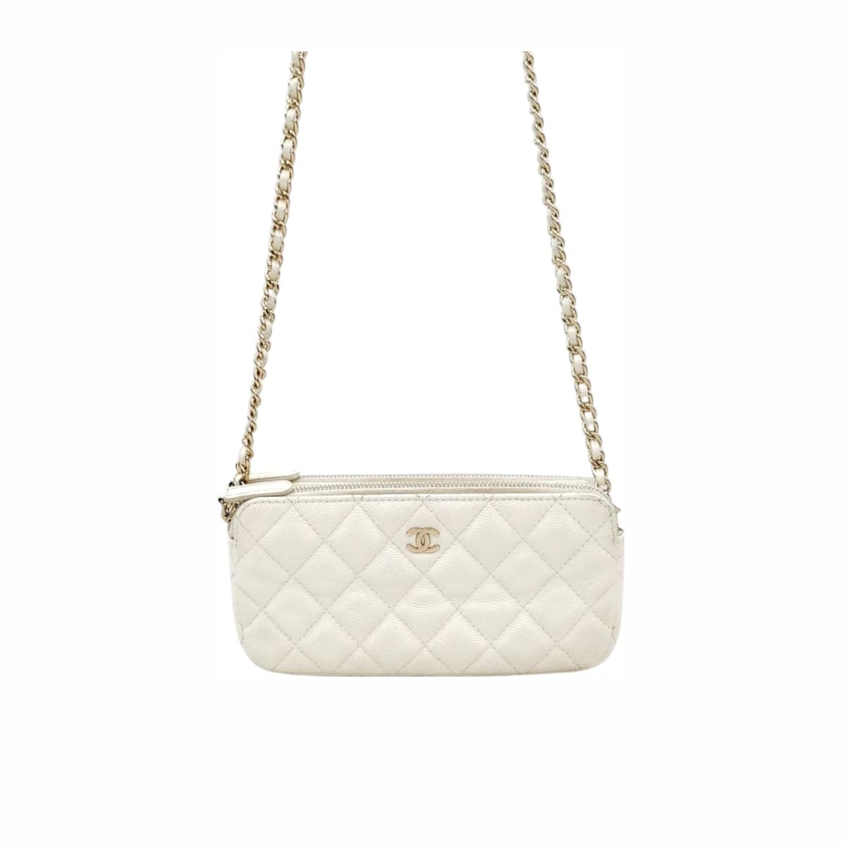 CHANEL 샤넬 캐비어 WOC 미니 더블 지퍼 체인 크로스백 화이트