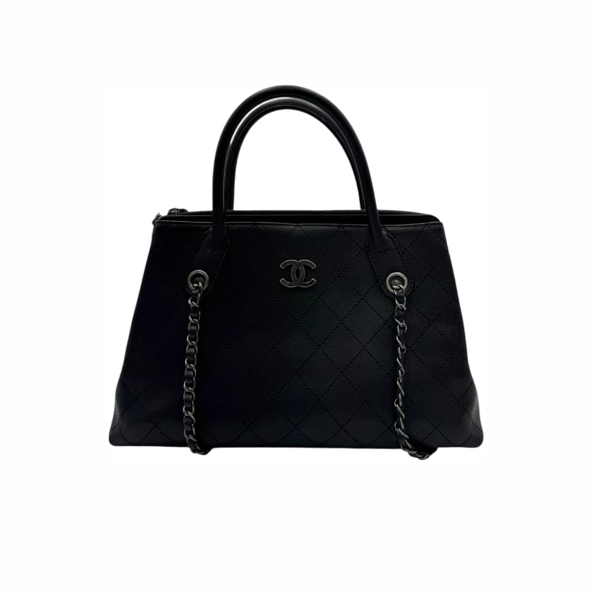 CHANEL 샤넬 블랙 캐비어 루테늄 CC로고 빈티지 퀼팅 토트백 22번대