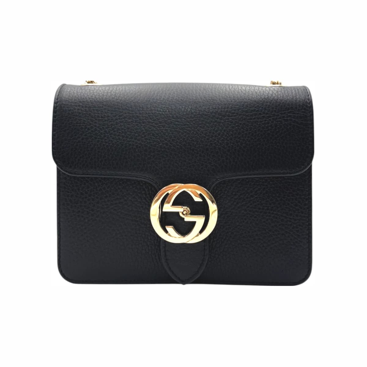 GUCCI 구찌 블랙 레더 GG로고 인터로킹 체인 숄더백