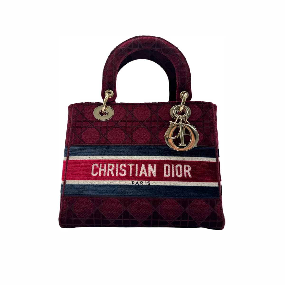 DIOR 버건디 벨벳 레이디 디라이트 미디움 토트백 레드