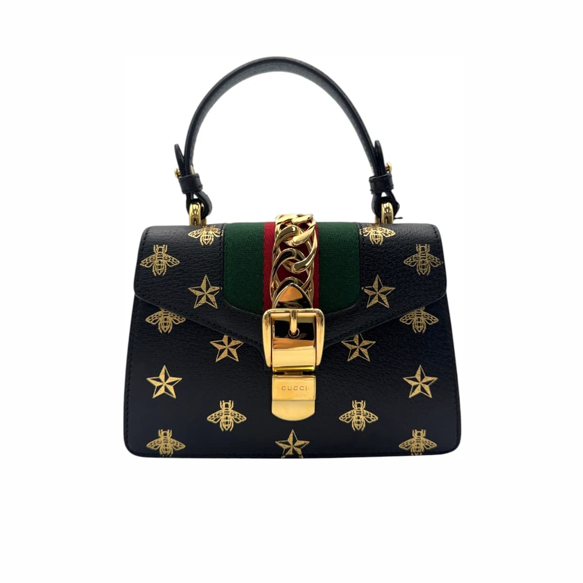 GUCCI 구찌 블랙 레더 비 스타 실비 미니 토트백