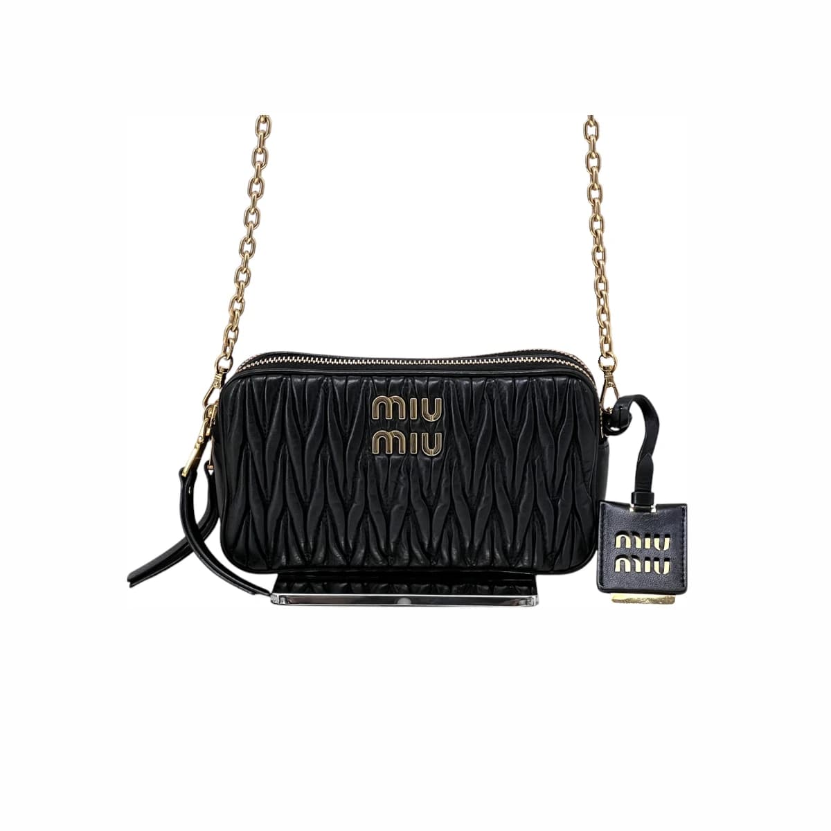 MIU MIU 미우미우 마테라쎄 더블 지퍼 체인 크로스백 블랙 가죽