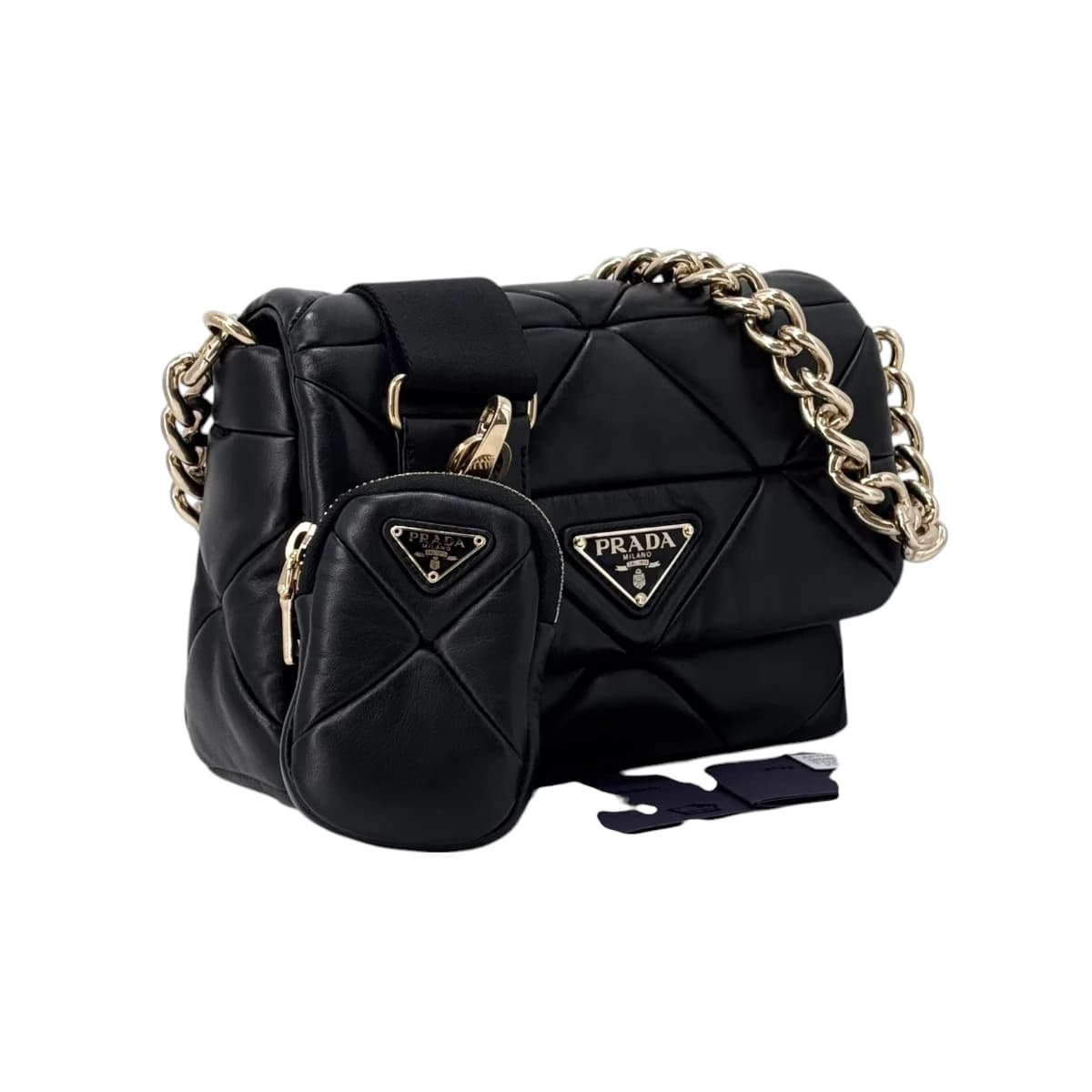 PRADA 프라다 삼각로고 패디드 퀼팅 체인 숄더백 블랙 가죽