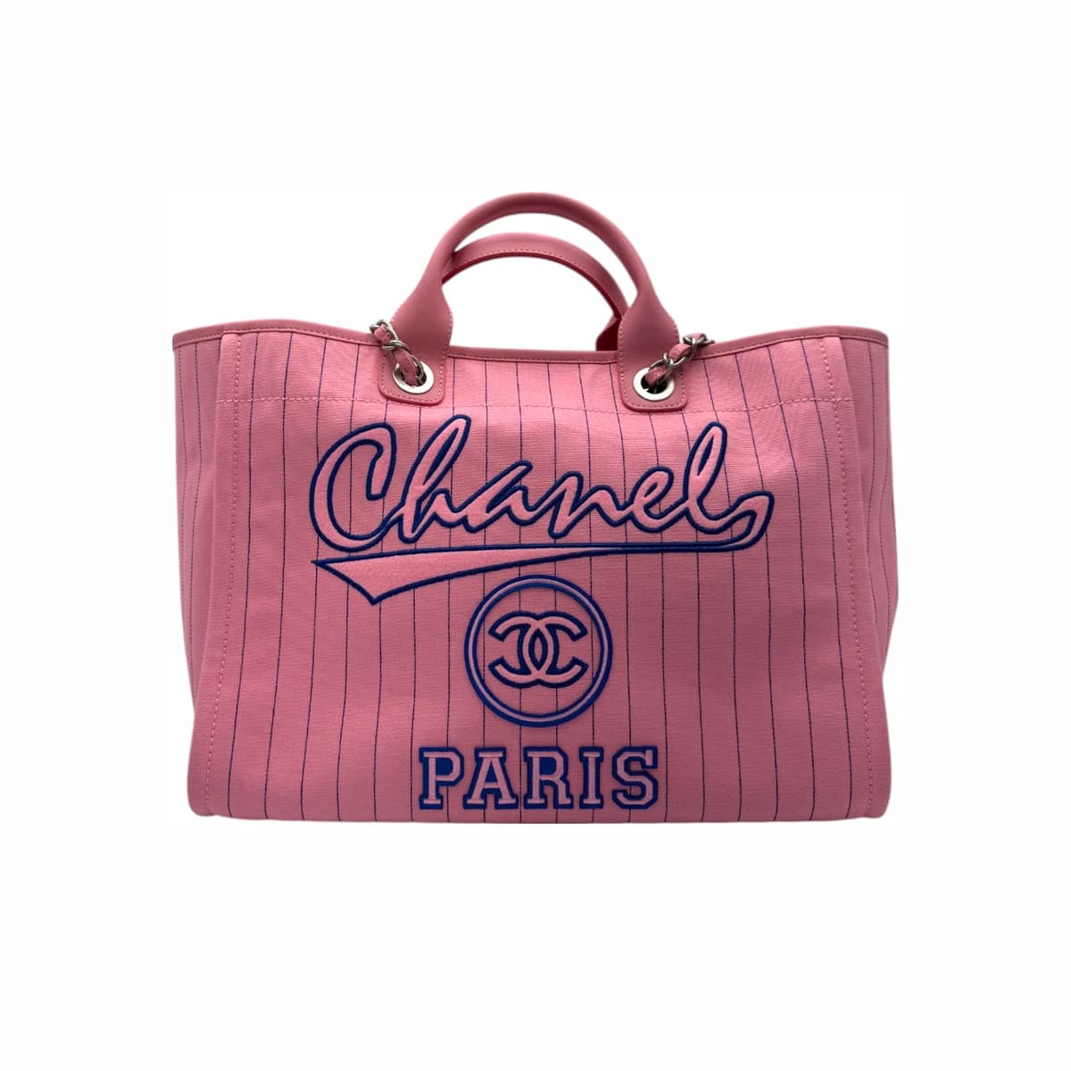 CHANEL 샤넬 핑크 핀스트라이프 도빌 쇼퍼 토트백(내장칩) 패브릭