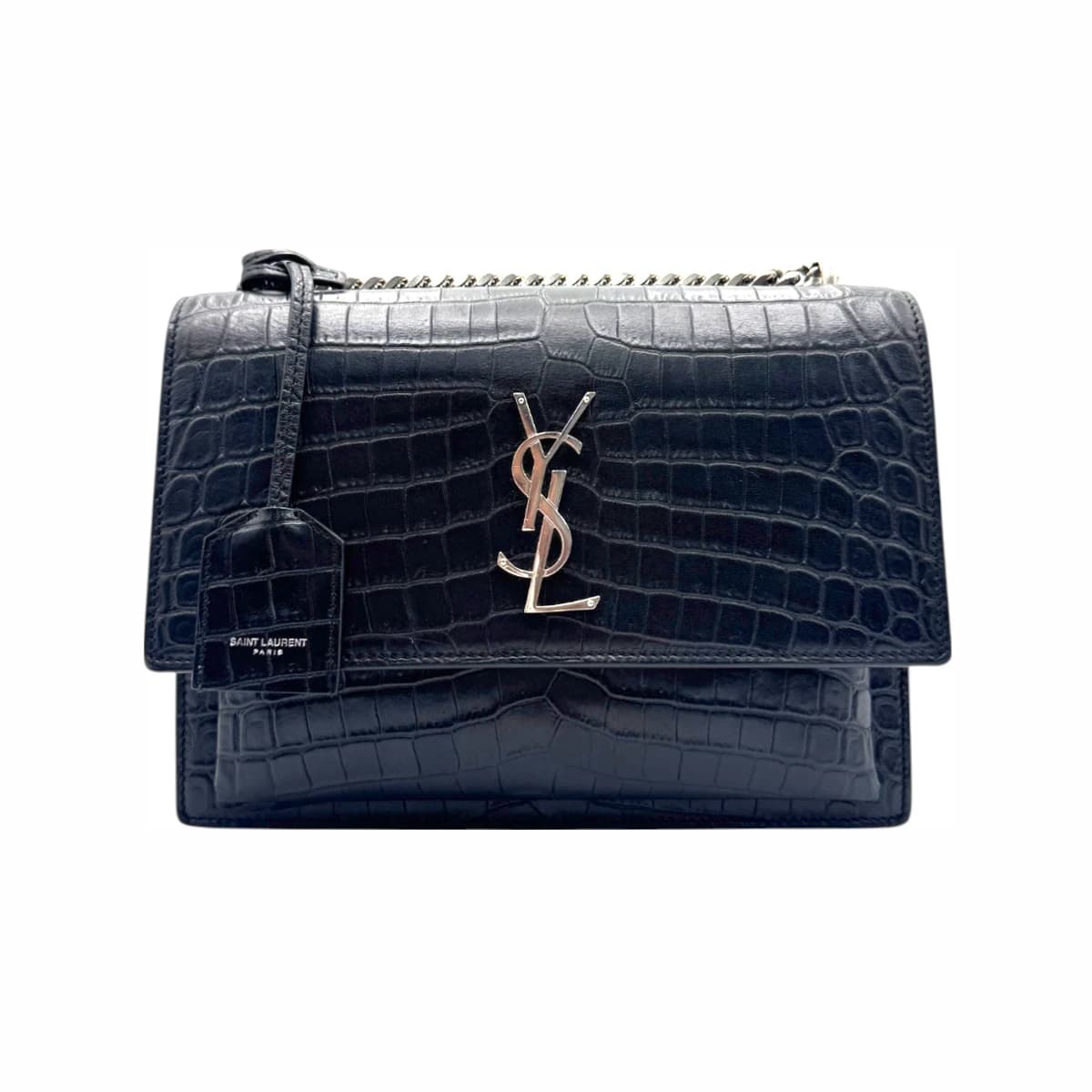 SAINT LAURENT 생로랑 블랙 크로커다일 엠보싱 선셋 미디움 체인 숄더백 엑조틱