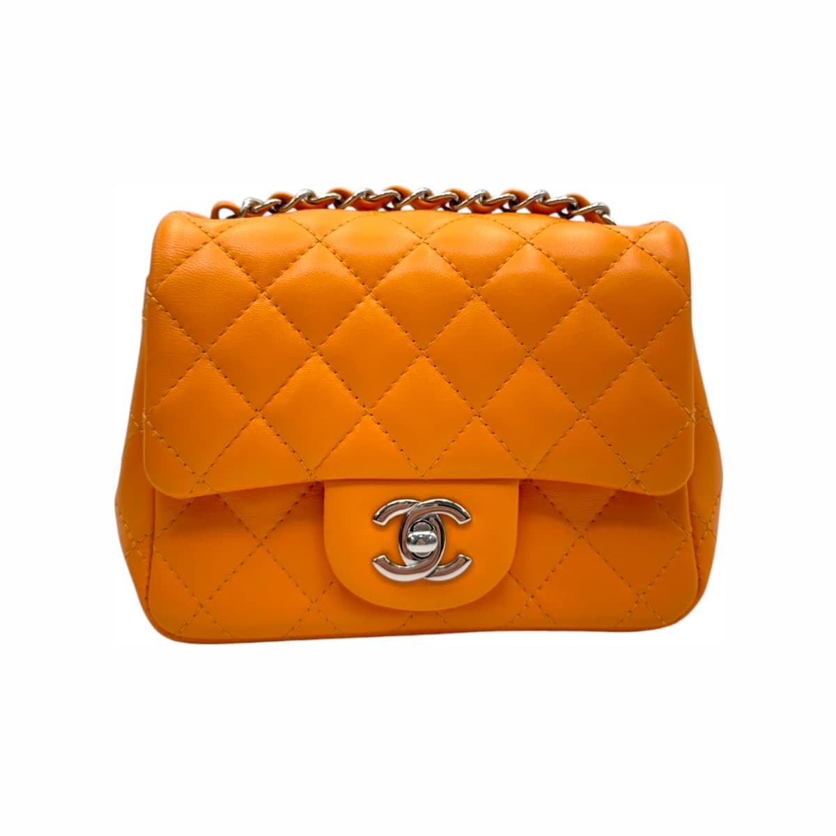 CHANEL 샤넬 오렌지 램스킨 쁘띠삭 클래식 미니 플랩백 내장칩