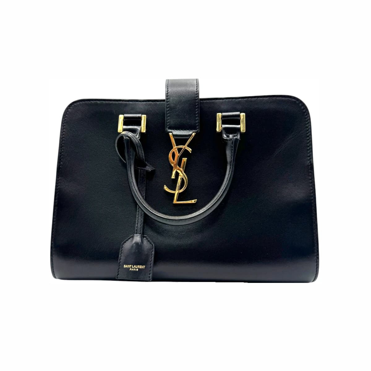 SAINT LAURENT 생로랑 블랙 레더 베이비 카바스 로고 토트백