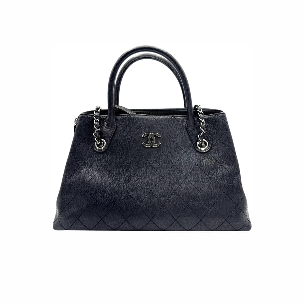 CHANEL 샤넬 블랙 캐비어 루테늄 CC로고 빈티지 퀼팅 토트백 22번대