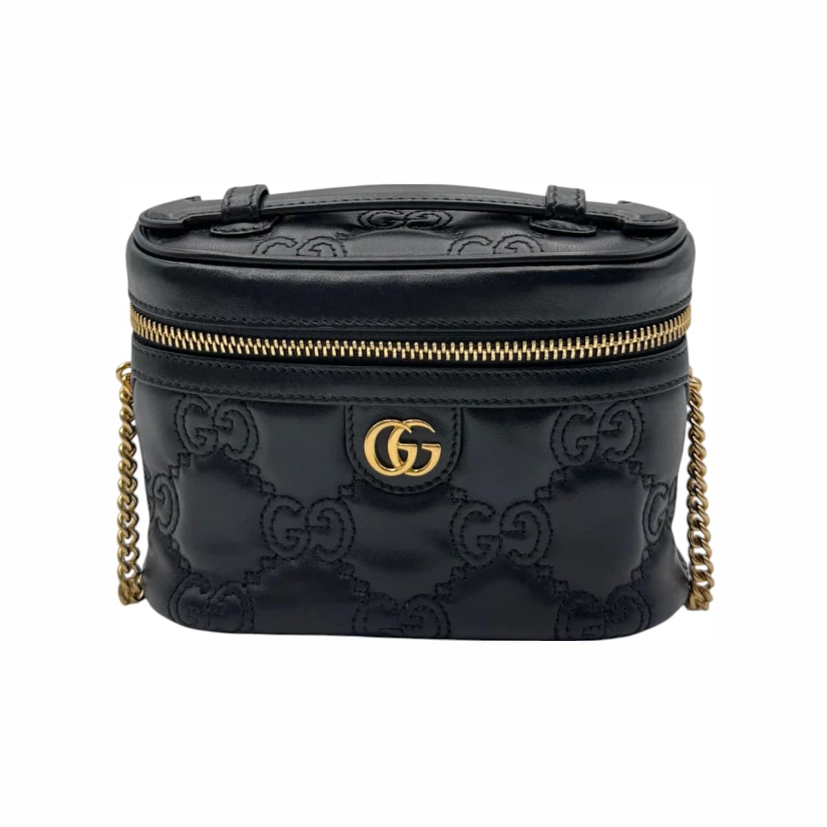 GUCCI 구찌 블랙 레더 GG 마틀라세 탑핸들 미니 체인백