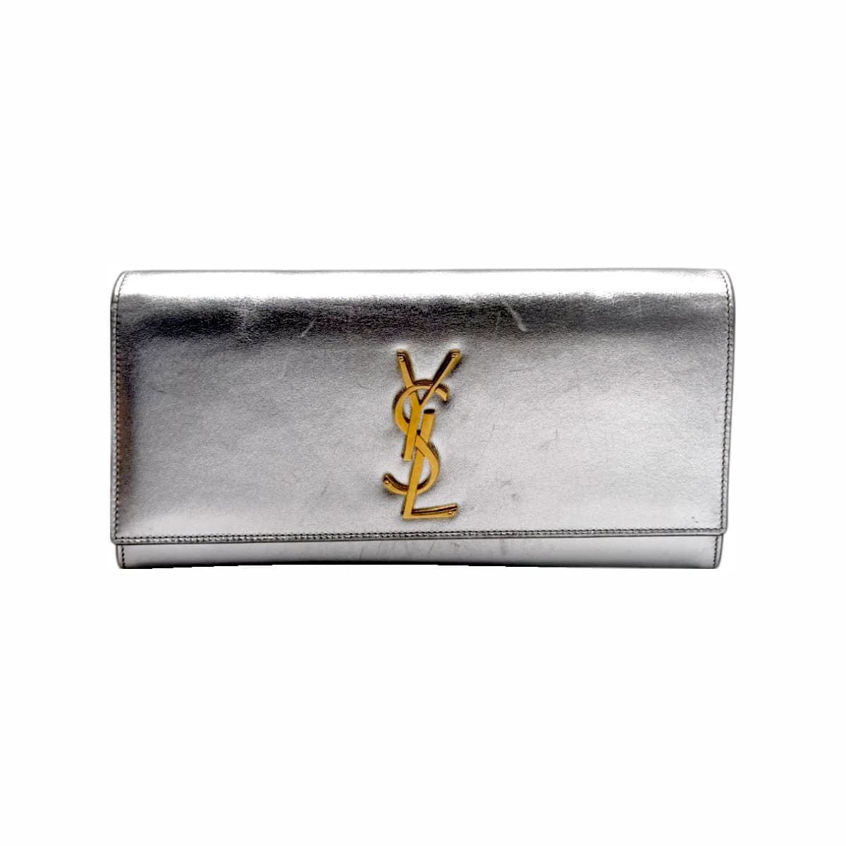 SAINT LAURENT 생로랑 실버 레더 삭 상드르 YSL 금장 로고 플랩 클러치백