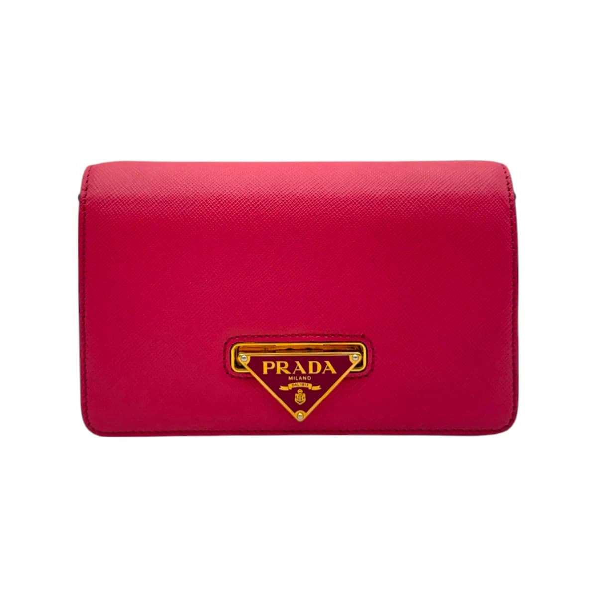 PRADA 프라다 핑크 사피아노 트라이앵글 락 금장 체인 미니 숄더백 가죽
