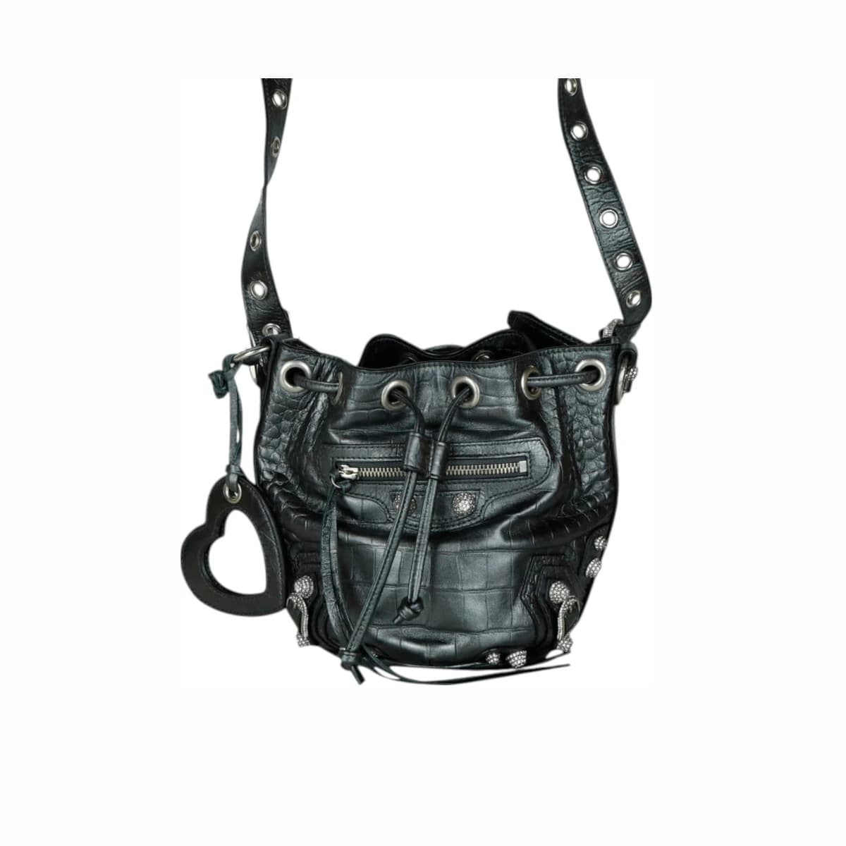 BALENCIAGA 발렌시아가 크로커다일 엠보스 르 카골 라인 스톤 크로스백 XS 블랙 엑조틱