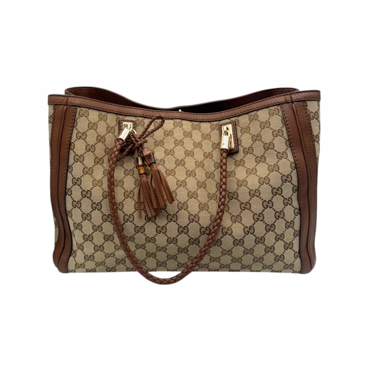 GUCCI 구찌 브라운 GG 로고 자가드 트리밍 쇼퍼 숄더백