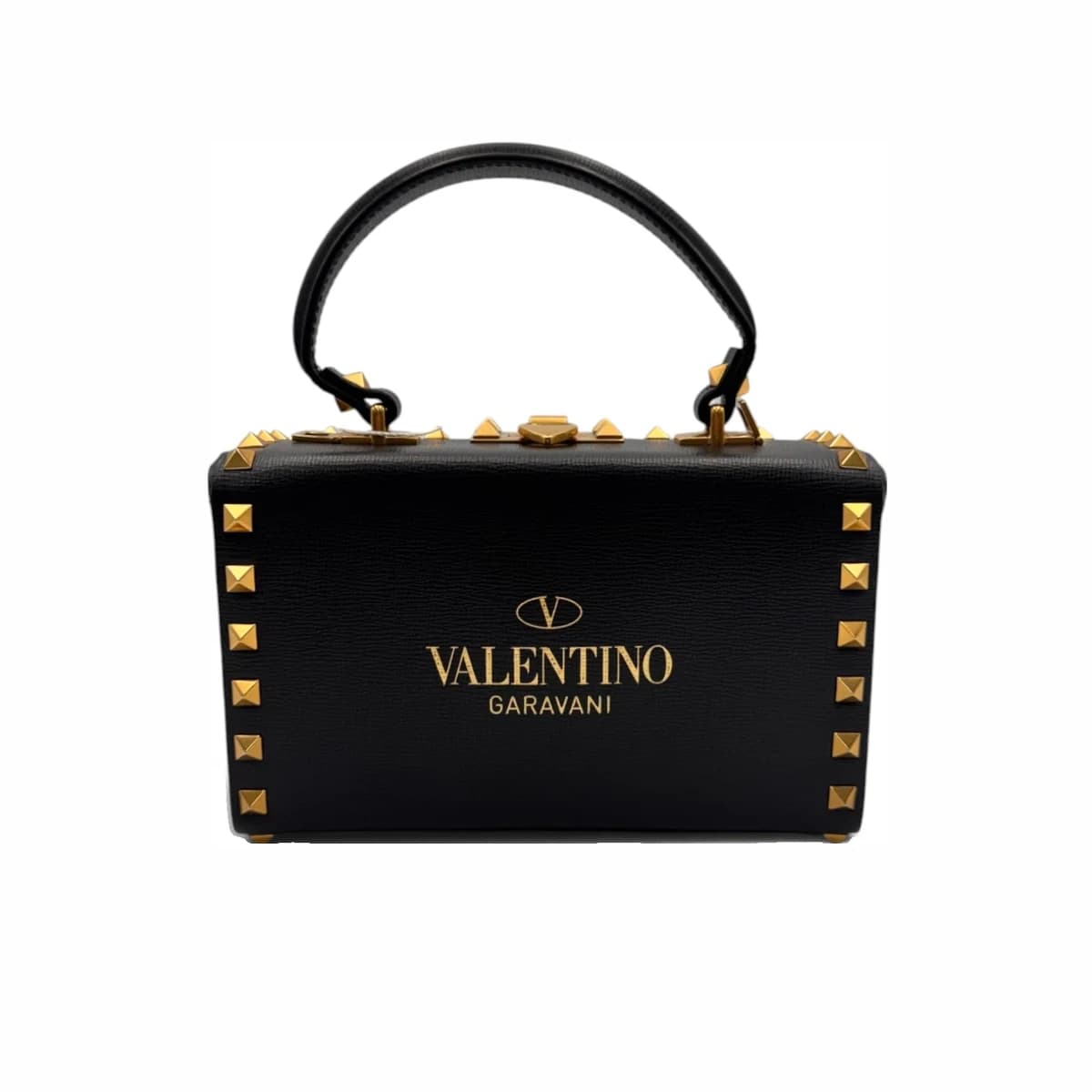 VALENTINO 발렌티노 블랙 레더 락스터드 로고 박스 토트백 가죽