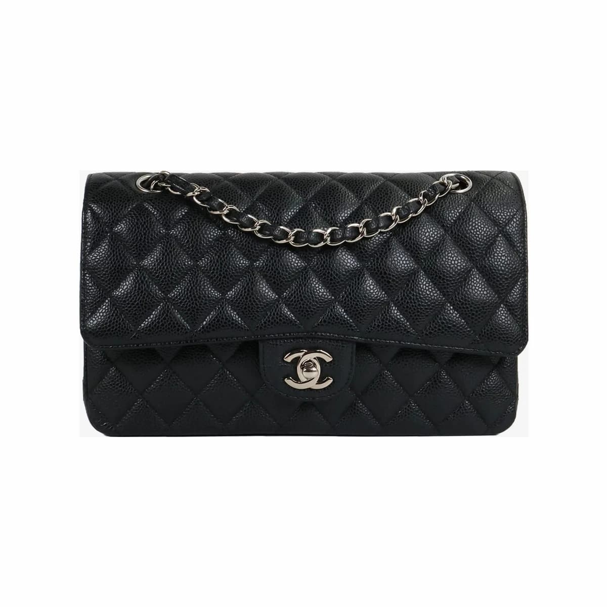 CHANEL 샤넬 캐비어 클래식 미디움 블랙 은장 19번대