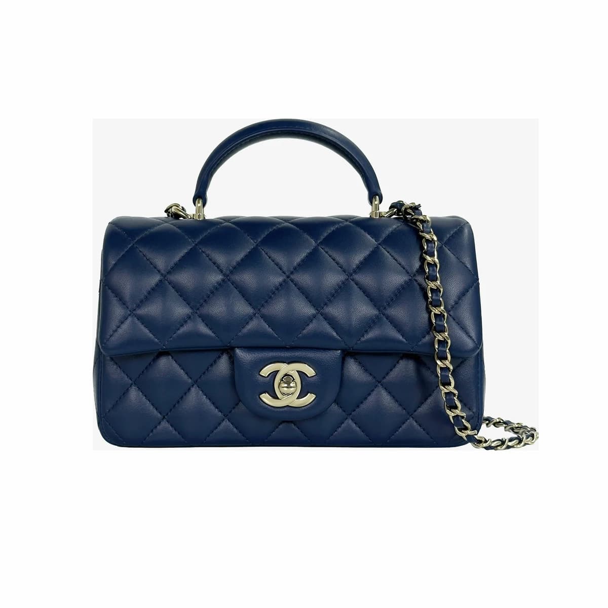 CHANEL 샤넬 클래식 탑핸들 플랩백 뉴미니 네이비 금장