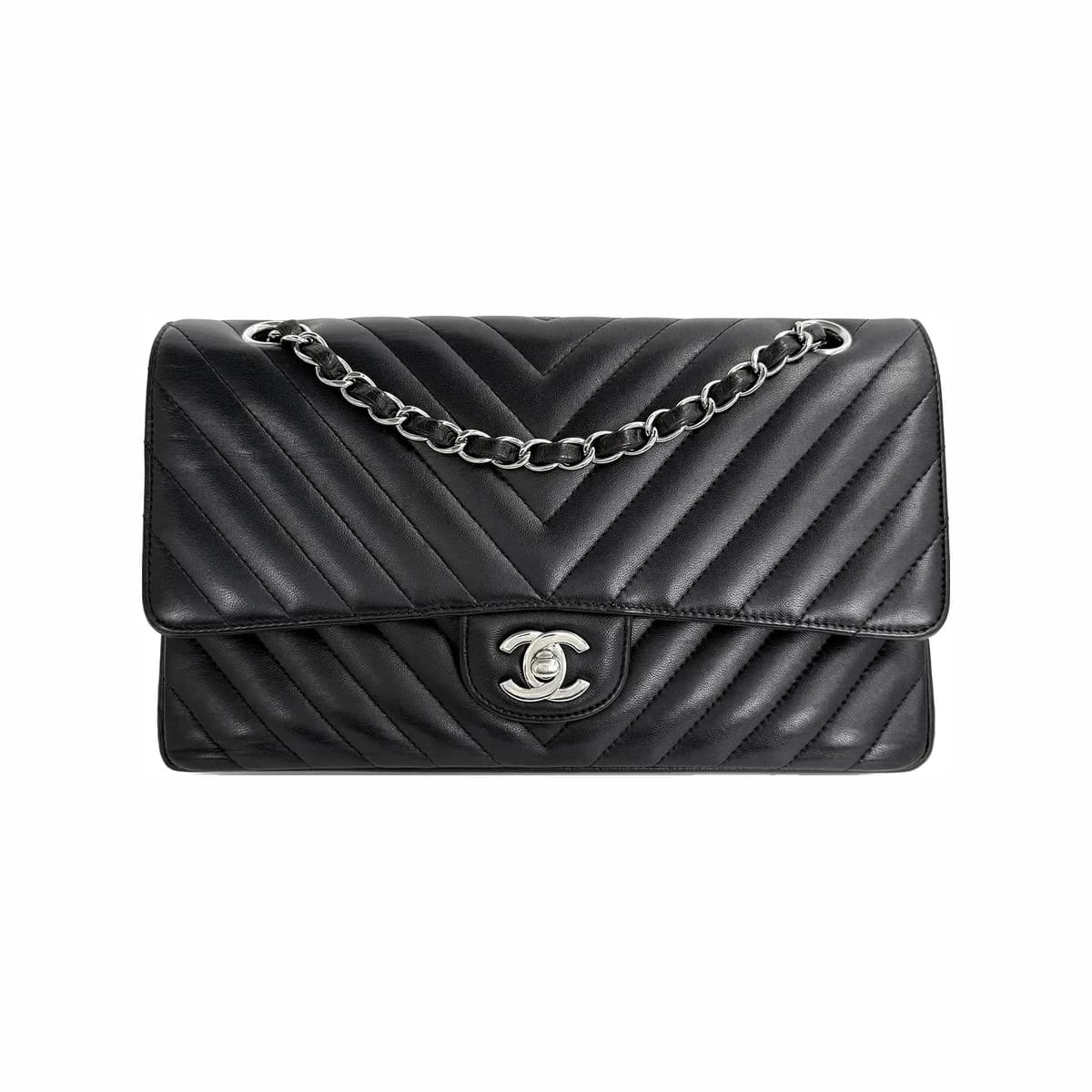 CHANEL 샤넬 클래식 미듐 쉐브론 블랙 은장