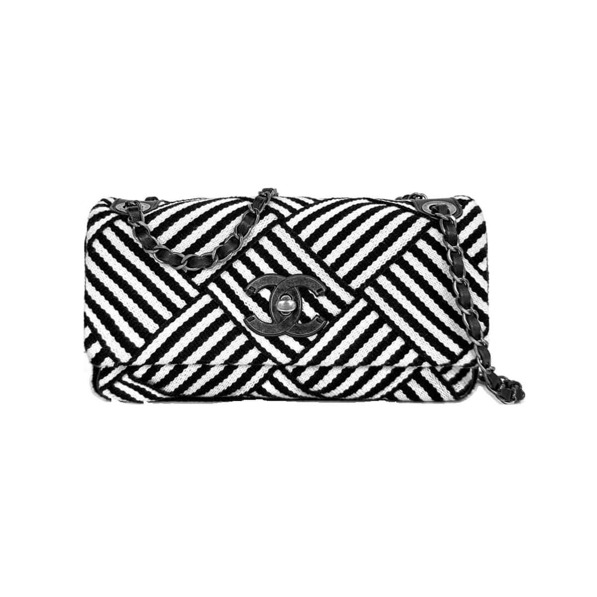 CHANEL 샤넬 CC 스트라이프 패브릭 플랩백 숄더백 블랙화이트
