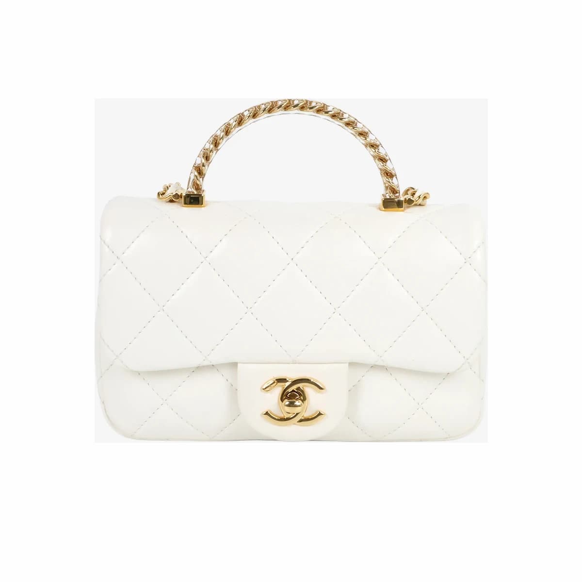 CHANEL 샤넬 레진 탑핸들 플랩백 미니 화이트 금장 내장칩