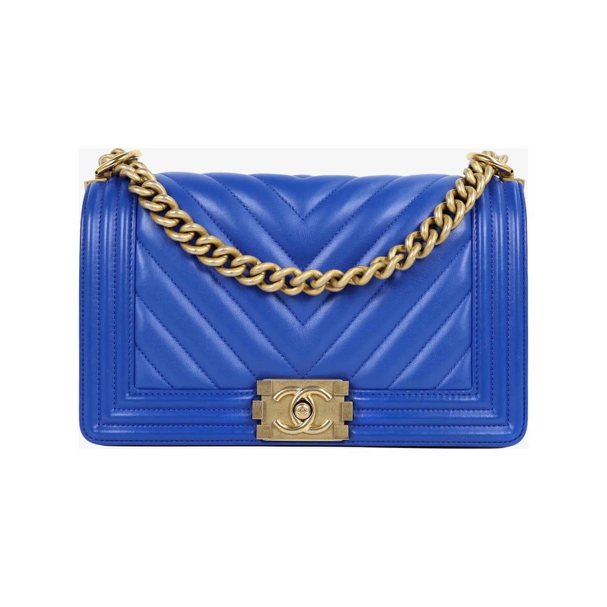 CHANEL 샤넬 쉐브론 보이백 미듐 블루 금장