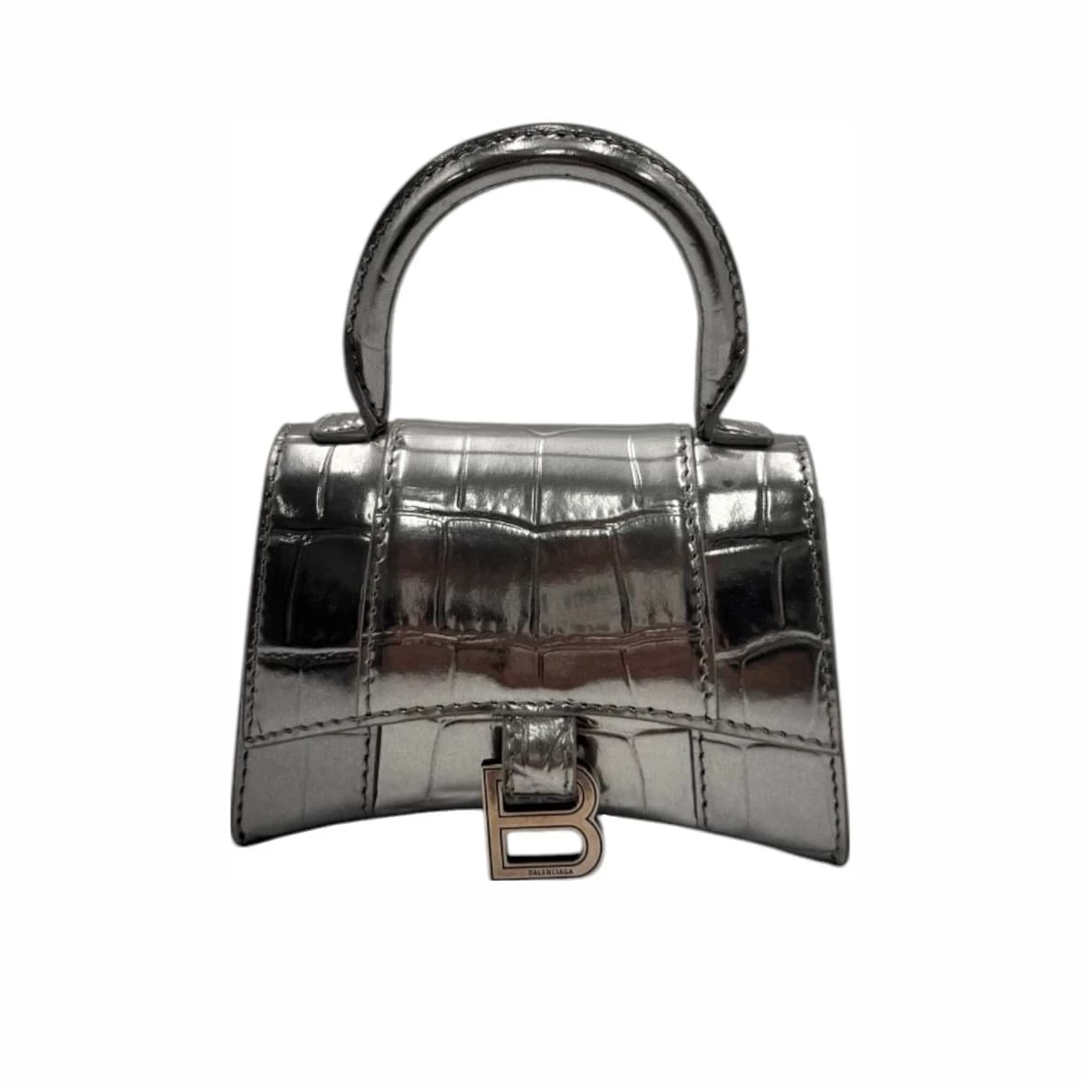 BALENCIAGA 발렌시아가 실버 크로커다일 엠보 아워글래스 탑 핸들 크로스백 엑조틱