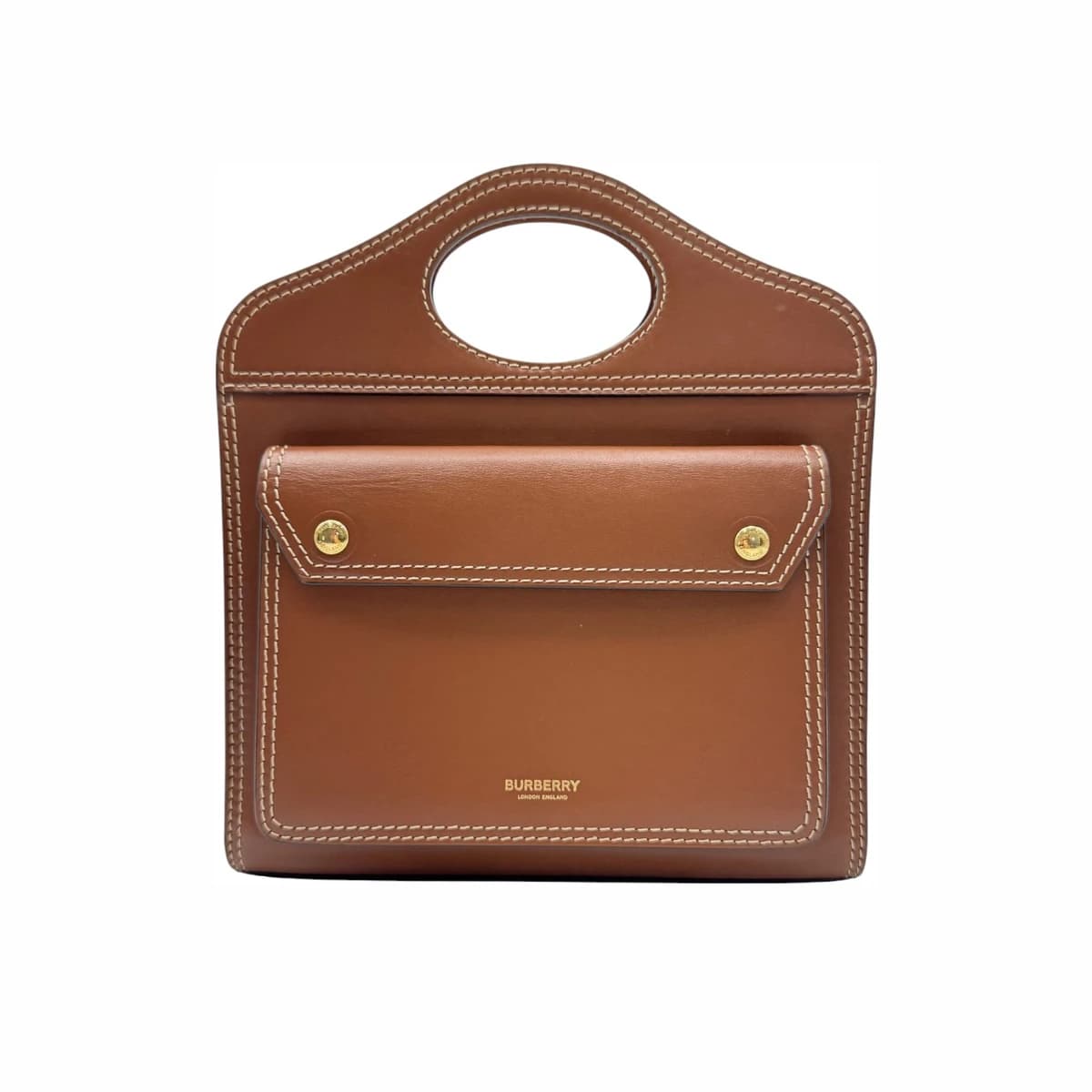 BURBERRY 버버리 브라운 레더 톱스티치 포켓 미니 토트겸 크로스백
