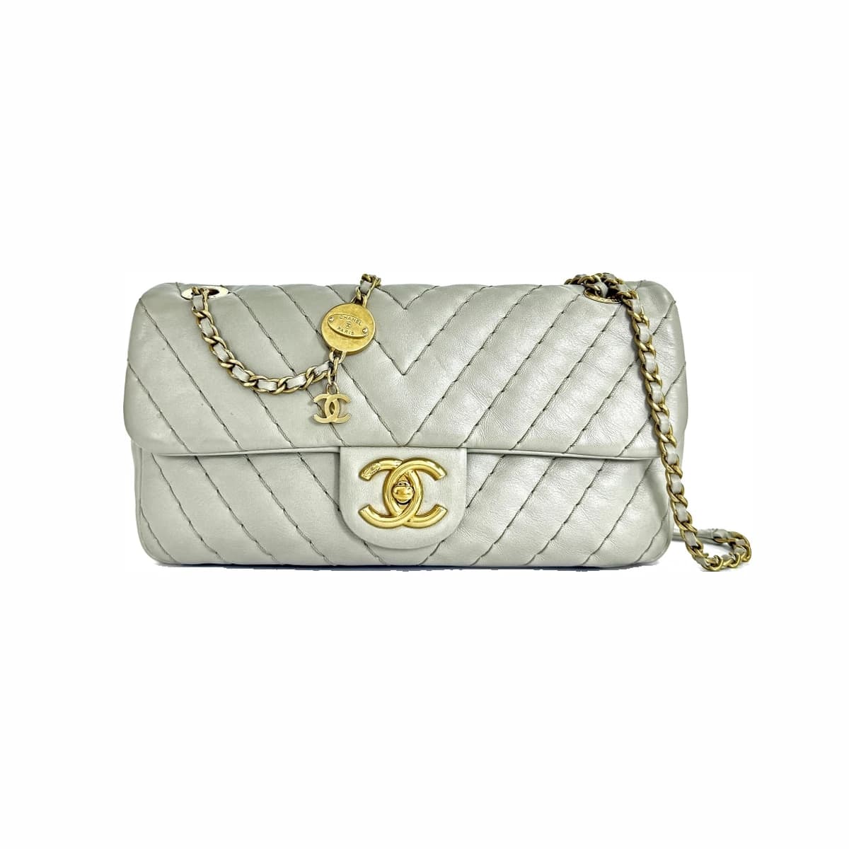 CHANEL 샤넬 쉐브론 클래식 숄더백 미듐 베이지그레이 금장