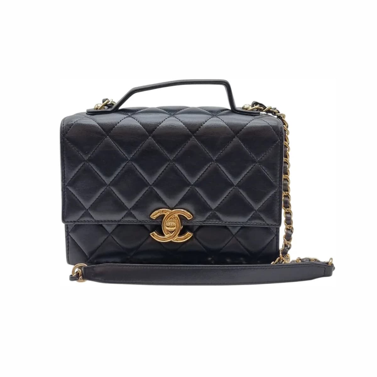 CHANEL 샤넬 탑핸들 램스킨 플랩 체인백 블랙 골드