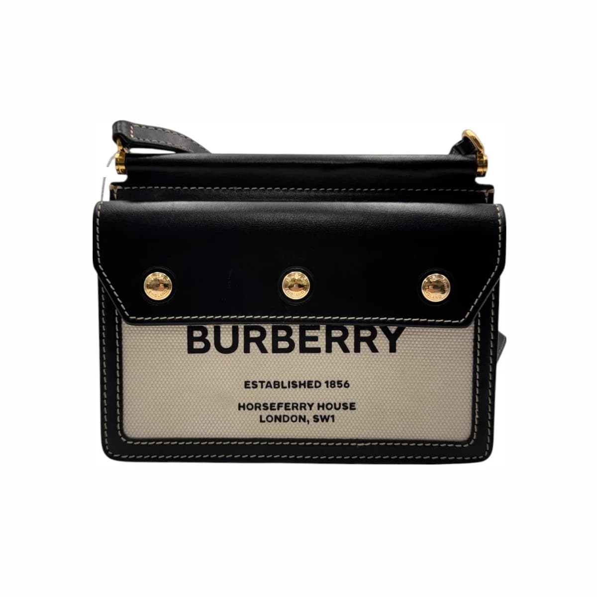 BURBERRY 버버리 블랙 레더 미니 포켓 호스페리 프린트 타이틀백