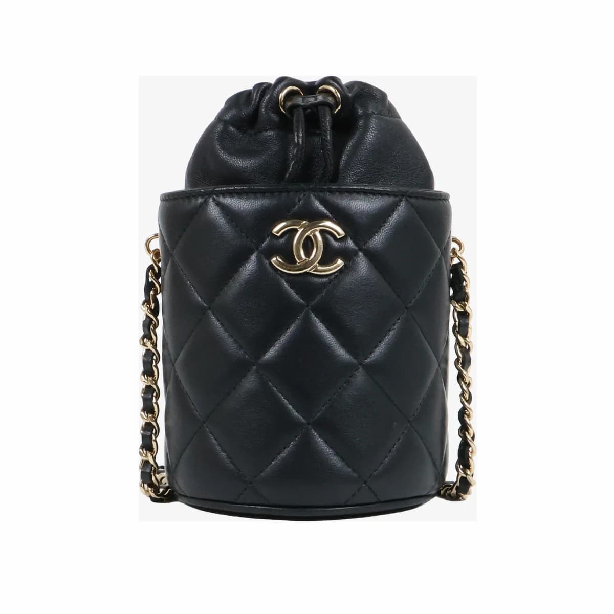 CHANEL 샤넬 램스킨 드로스트링 버킷백 미니 블랙 금장