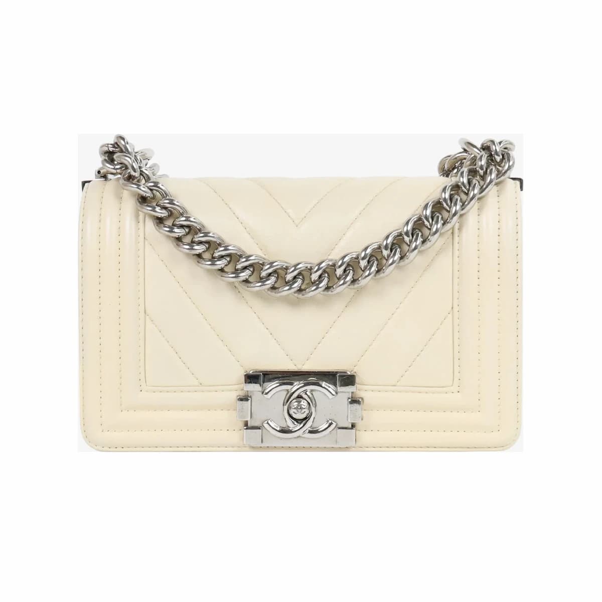 CHANEL 샤넬 쉐브론 보이백 스몰 아이보리 은장 베이지