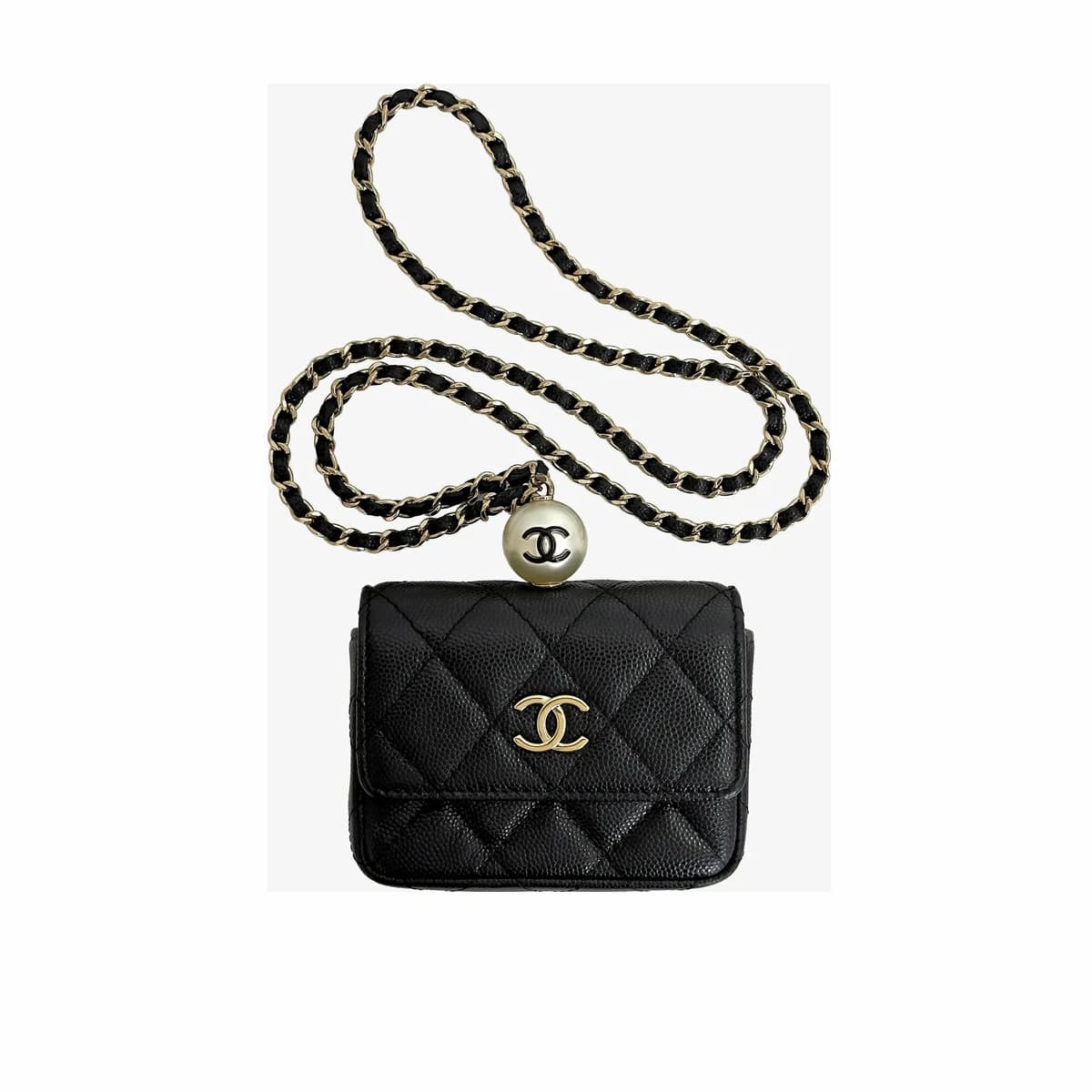 CHANEL 샤넬 CC 캐비어 플랩 금장 진주 체인 목걸이 카드지갑 블랙