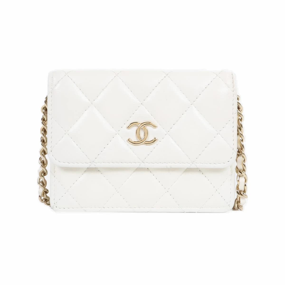 CHANEL 샤넬 카멜리아 리본 체인 카드 홀더 화이트 금장