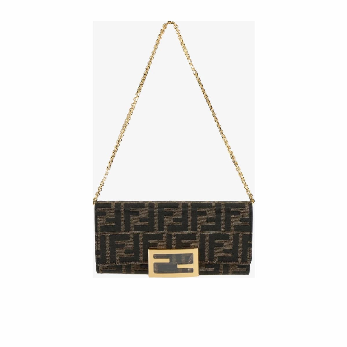 FENDI 펜디 FF 패브릭 바게트 체인 장지갑 브라운