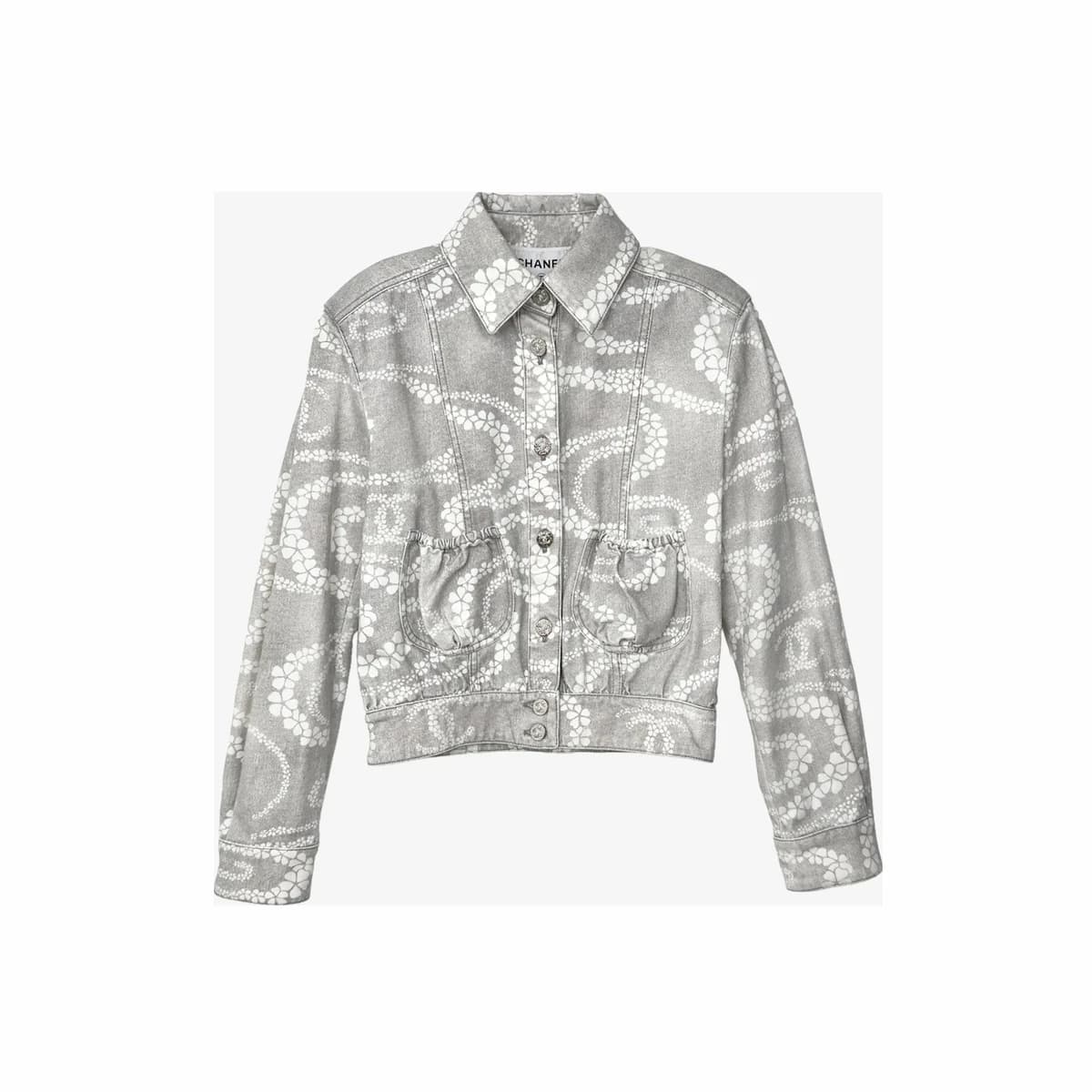 CHANEL 샤넬 코코비치 플로럴 데님 블루종 자켓 36 화이트 그레이