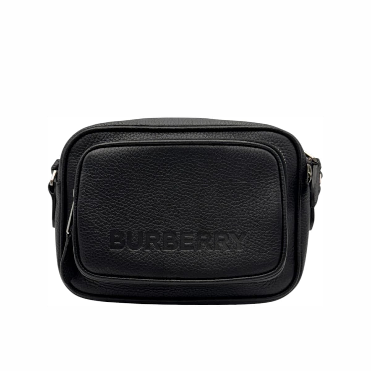 BURBERRY 버버리 블랙 레더 음각 로고 더블 지퍼 스몰 카메라 크로스백 가죽