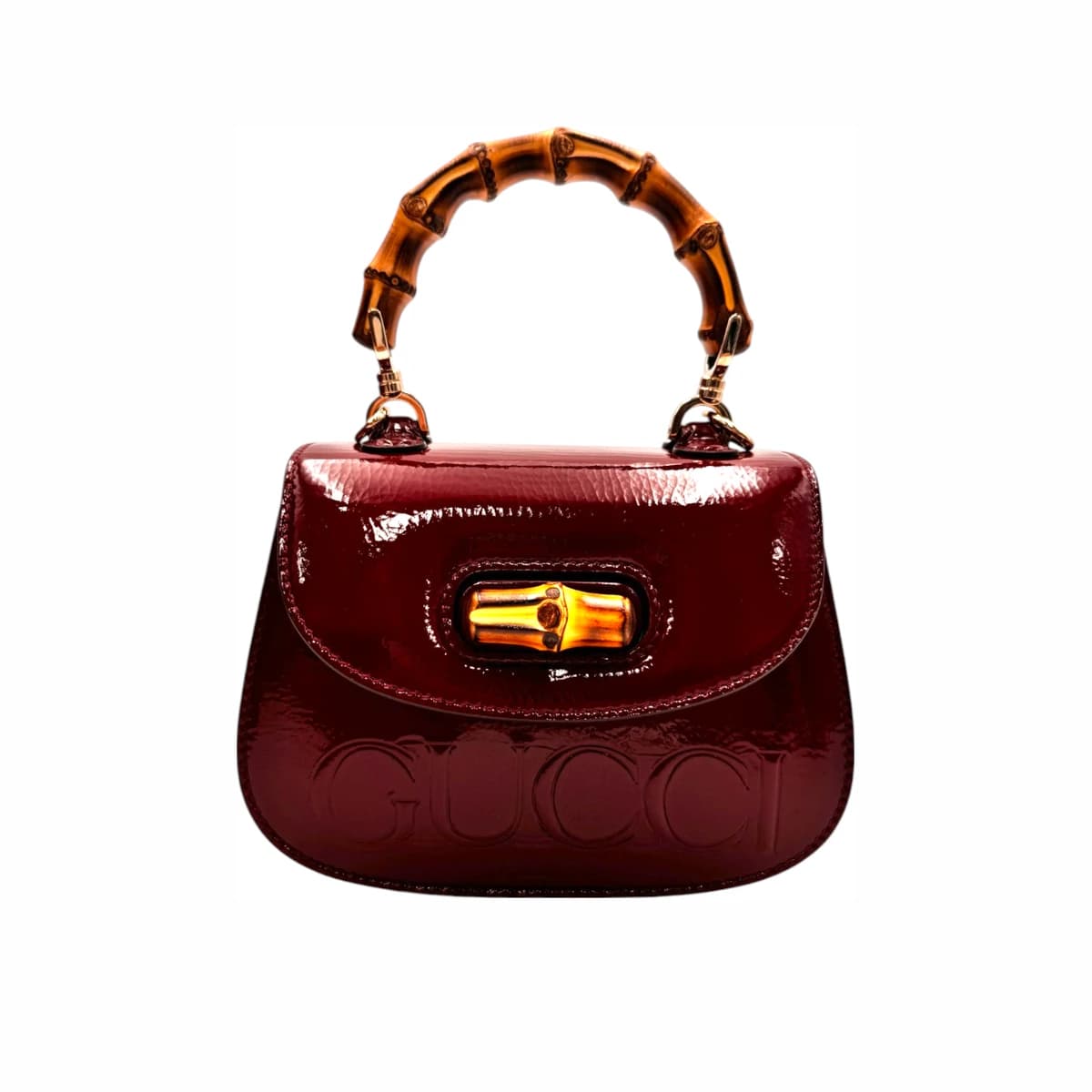 GUCCI 구찌 버건디 페이던트 레더 1947 뱀부 미니 탑 핸들 백 레드 페이턴트