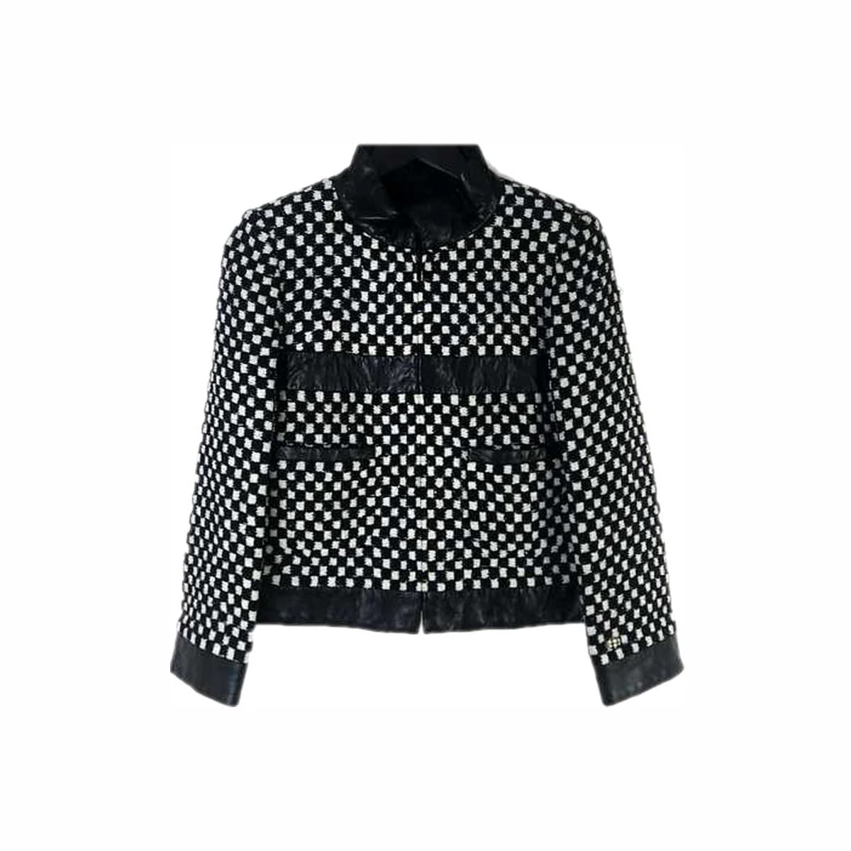 CHANEL 샤넬 가죽 스팽글 체크 트위드 자켓 38