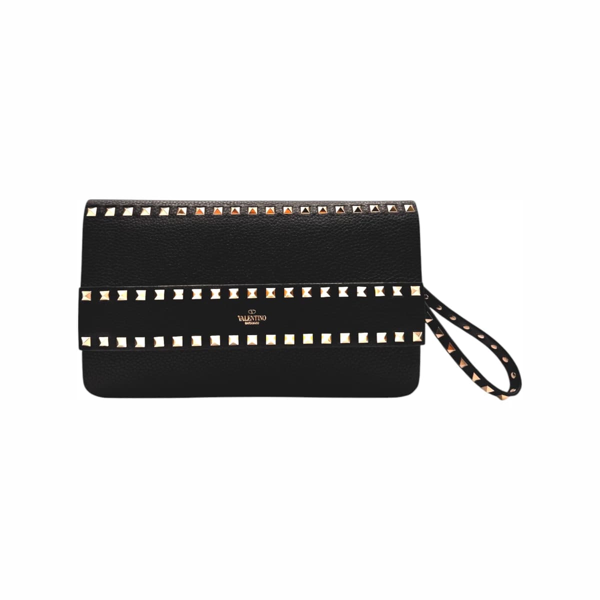 VALENTINO 발렌티노 카라바니 블랙 레더 락스터드 폴드 오버 핸드 스트랩 클러치백 가죽