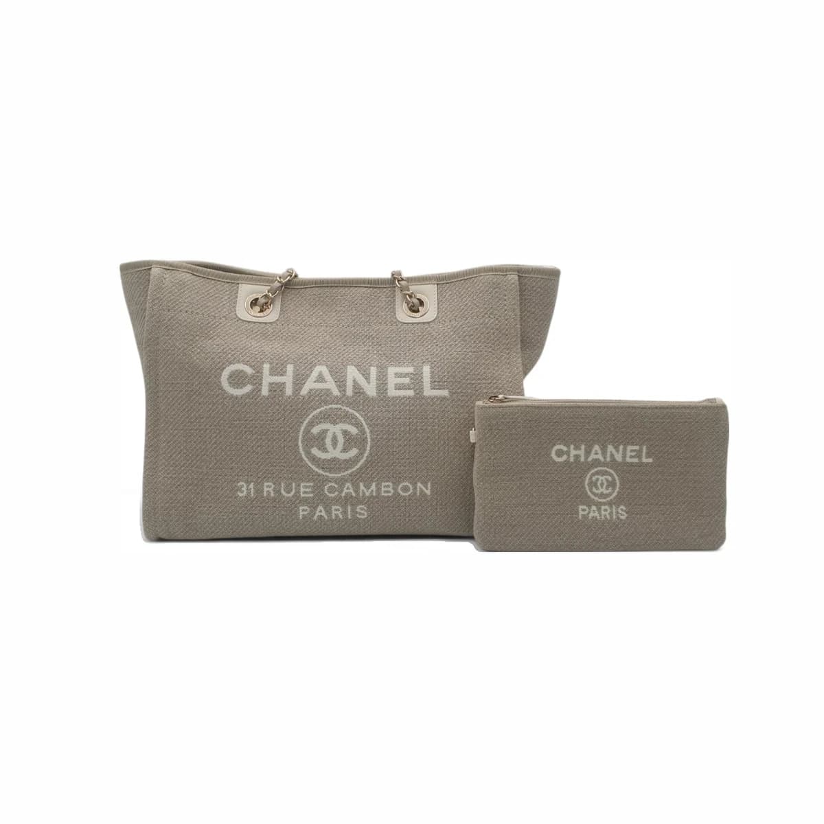 CHANEL 샤넬 베이지 캔버스 도빌 미디움 쇼퍼 체인 숄더백